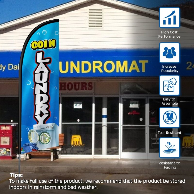 8FT Coin Laundry Banner Feather Flag with Stainless Steel Pole Kit(2m flag set)