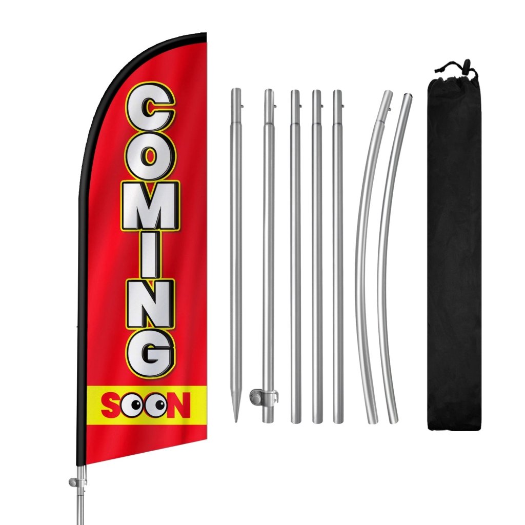 8Ft Coming Soon Feather Flag with Complete Pole Kit