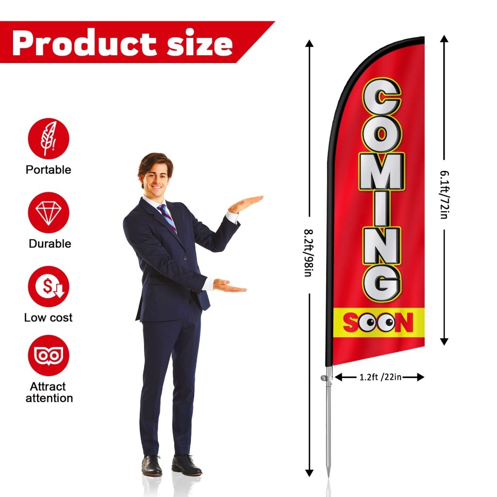 8Ft Coming Soon Feather Flag with Complete Pole Kit