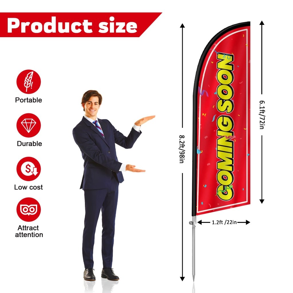 8Ft Coming Soon Feather Flag with Pole Kit, Vertical Swooper Banner