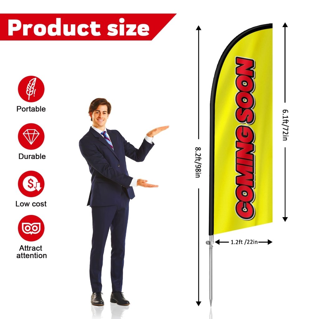 8Ft Coming Soon Yellow Feather Flag Banner with Pole Set
