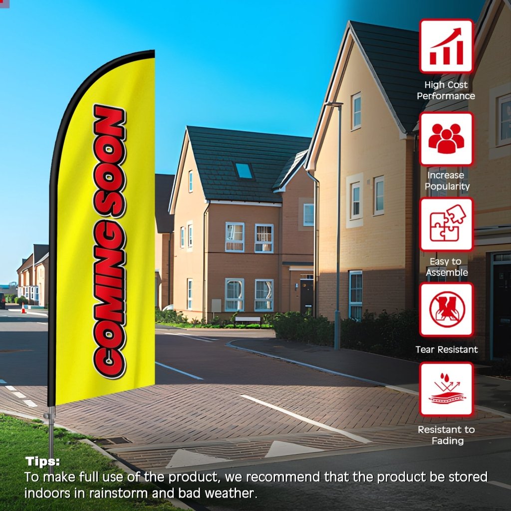 8Ft Coming Soon Yellow Feather Flag Banner with Pole Set
