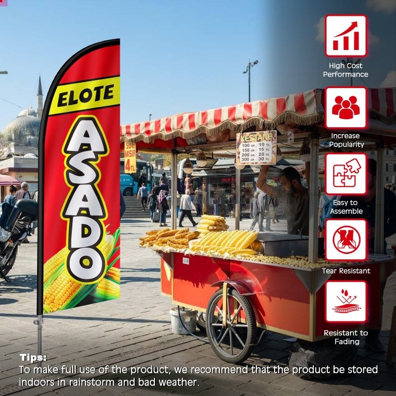 8FT Elote Asado Banner Feather Flag with Stainless Steel Pole Kit(2m flag set）