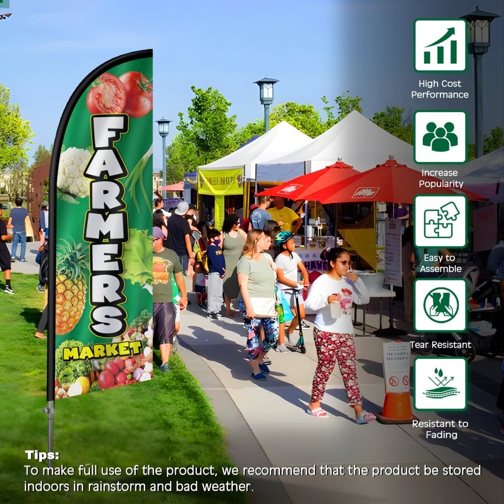8FT Farmers Market Sign Feather Flag with Stainless Steel Pole Kit(2m flag set)