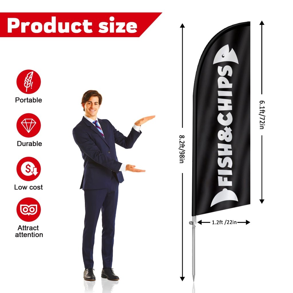 8FT Fish & Chips Feather Flag with Stainless Steel Pole Kit(2m flag set)