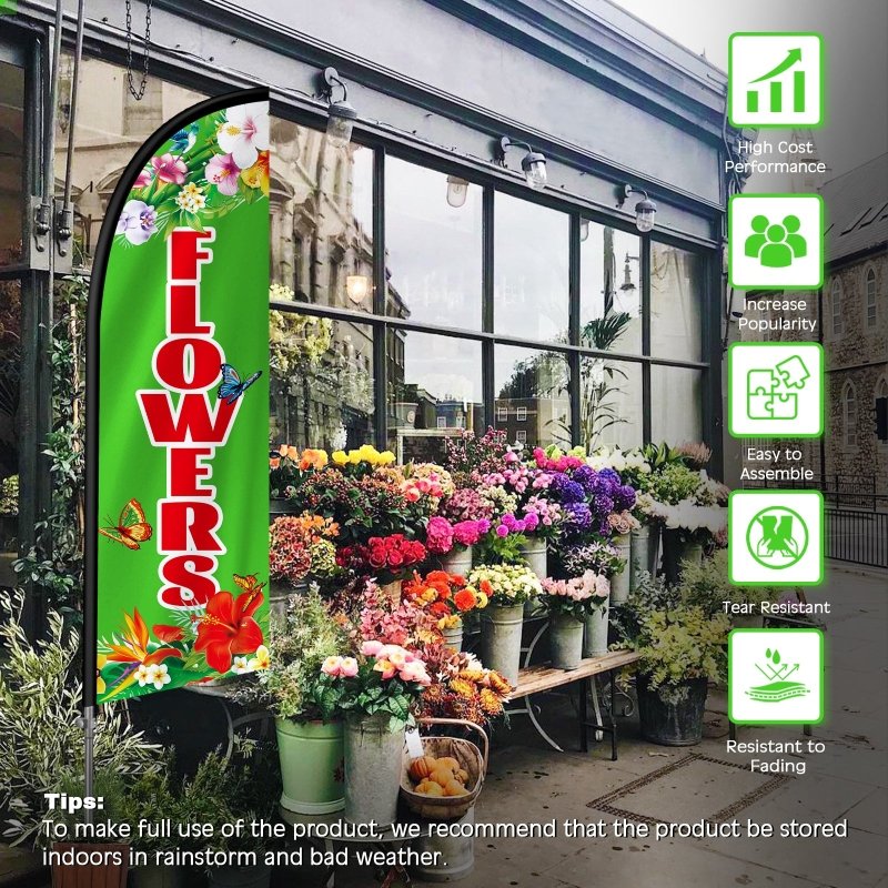 8FT Flowers Sign Feather Flag with Stainless Steel Pole Kit(2m flag set)