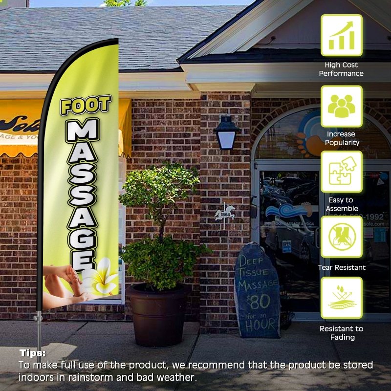8FT Foot Massage Yellow Feather Flag with Stainless Steel Pole Kit(2m flag set)