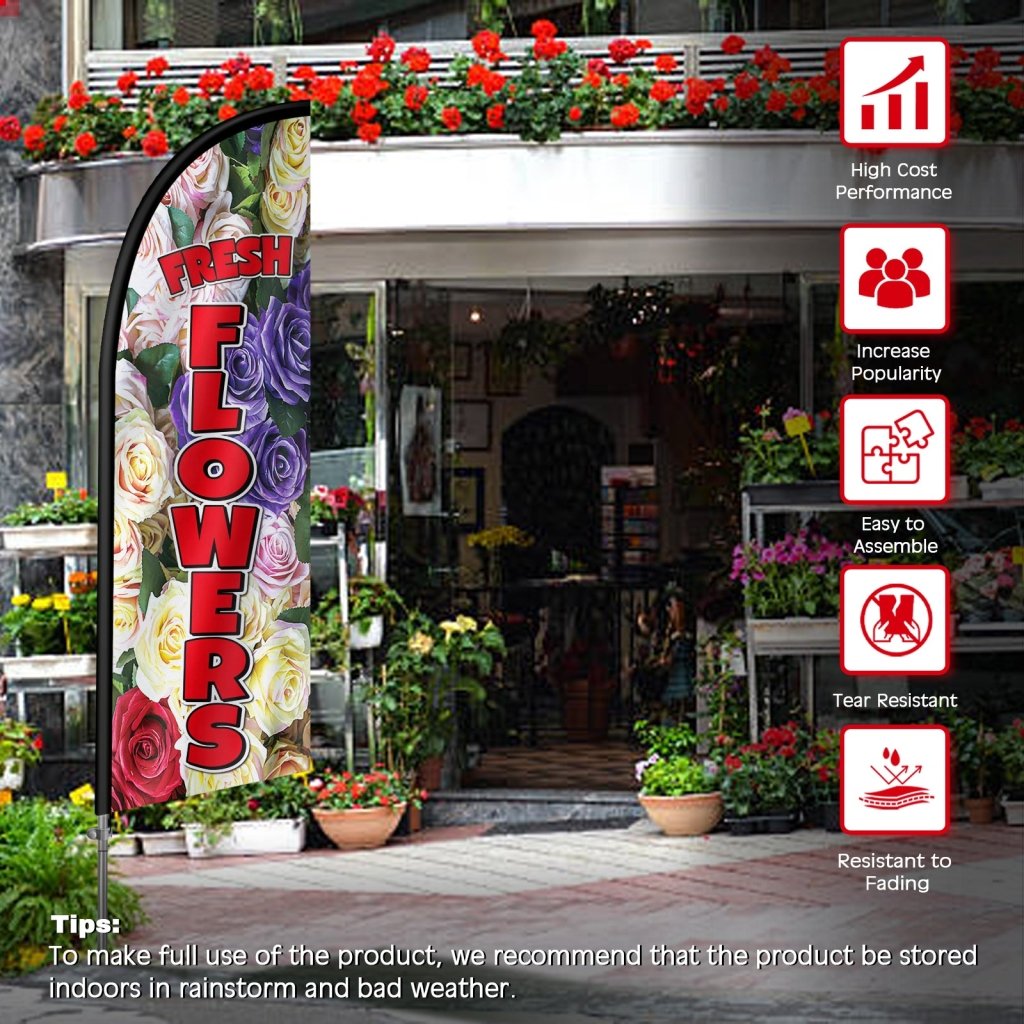8FT Fresh Flowers Sign Feather Flag with Stainless Steel Pole Kit(2m flag set)