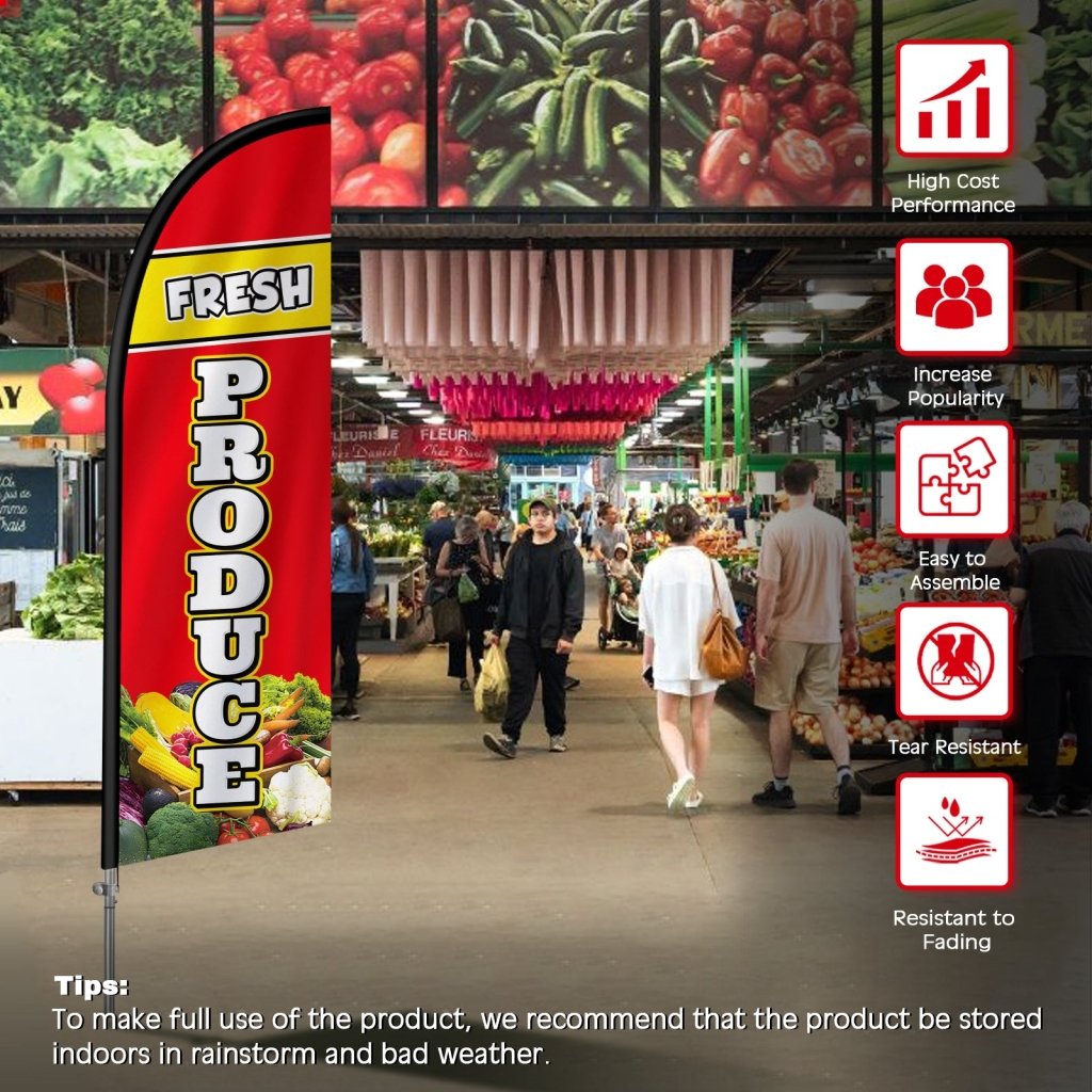 8FT Fresh Produce Sign Feather Flag with Stainless Steel Pole Kit(2m flag set)