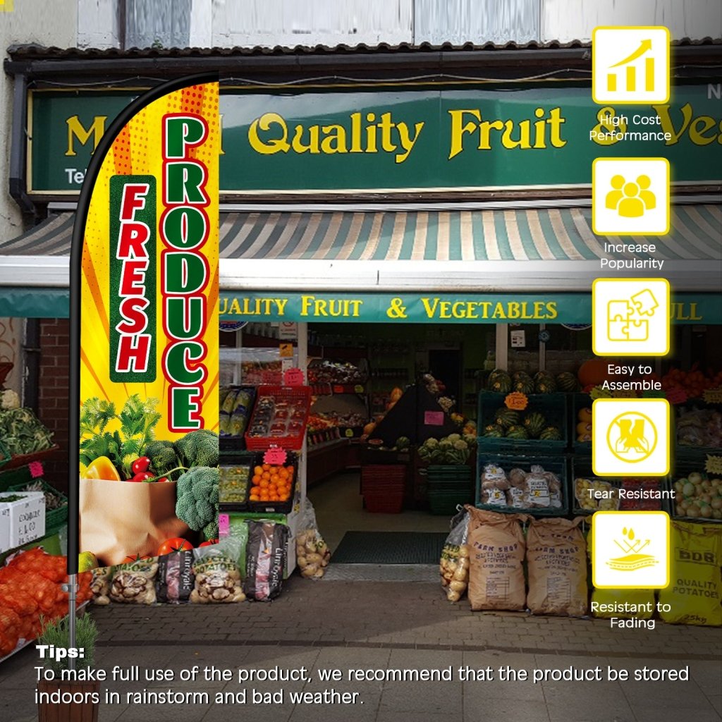 8FT Fresh Produce Yellow Feather Flag with Stainless Steel Pole Kit(2m flag set)