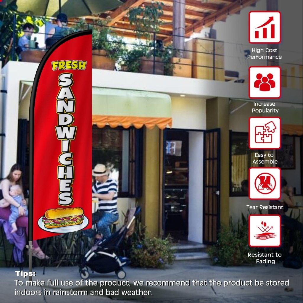 8FT Fresh Sandwiches Red Feather Flag with Stainless Steel Pole Kit(2m flag set)