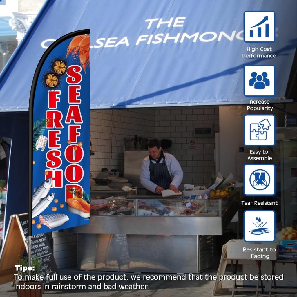 8FT Fresh Seafood 01 Feather Flag with Stainless Steel Pole Kit/Ground Stake(2m flag set）