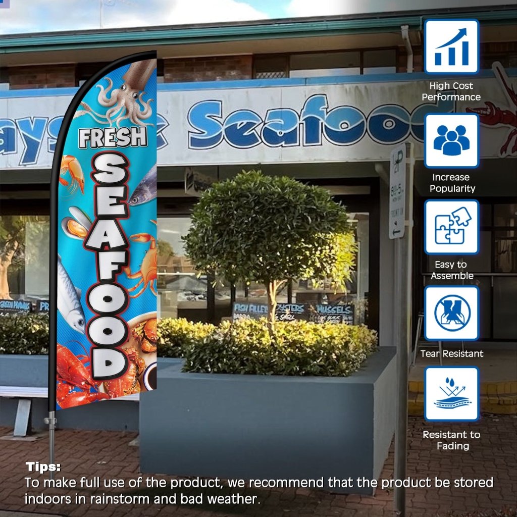 8FT Fresh Seafood 02 Feather Flag with Stainless Steel Pole Kit/Ground Stake(2m flag set）