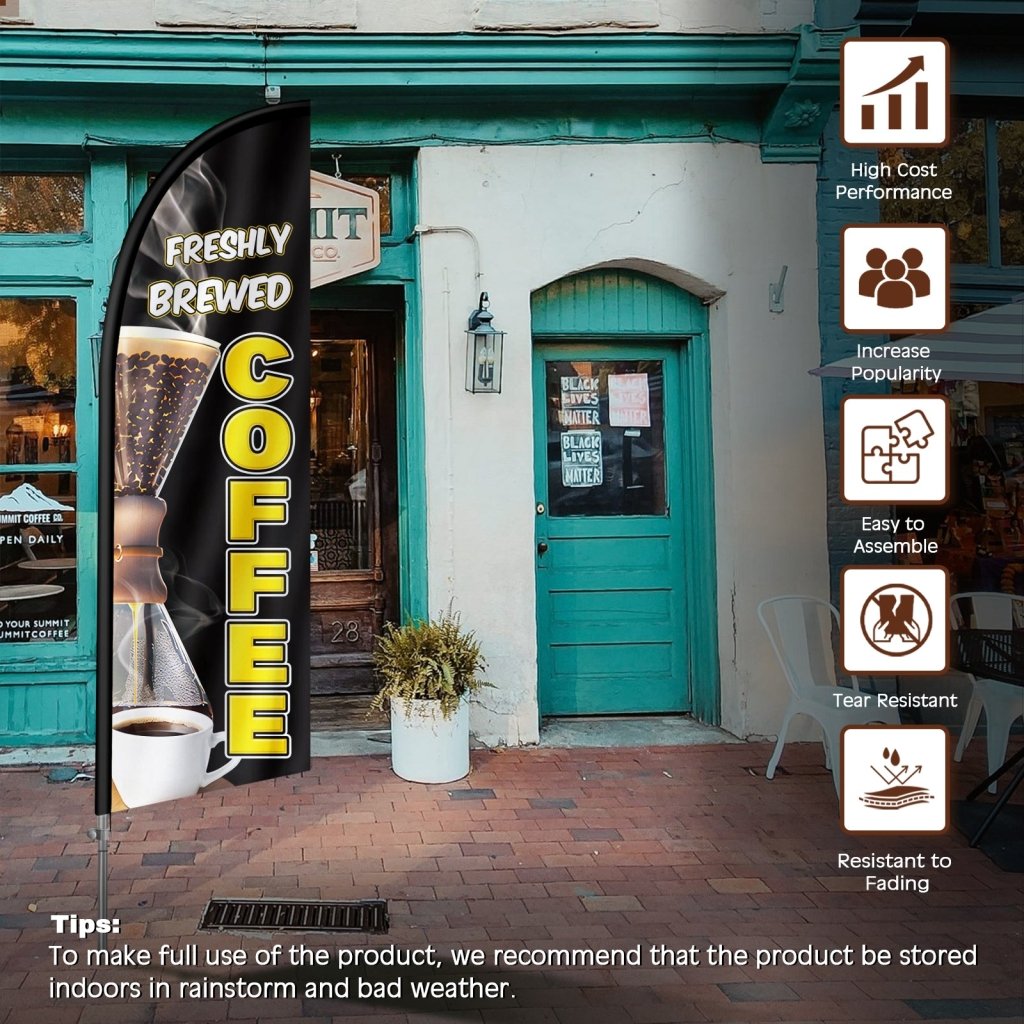 8FT Freshly Brewed Coffee Feather Flag with Stainless Steel Pole Kit(2m flag set)