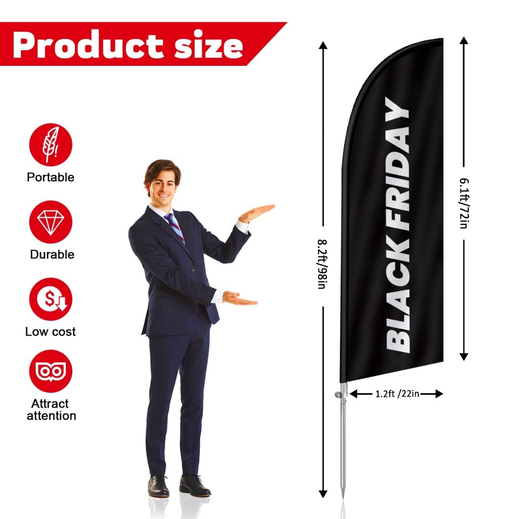8Ft Friday Feather Flag with Complete Pole Kit, Black