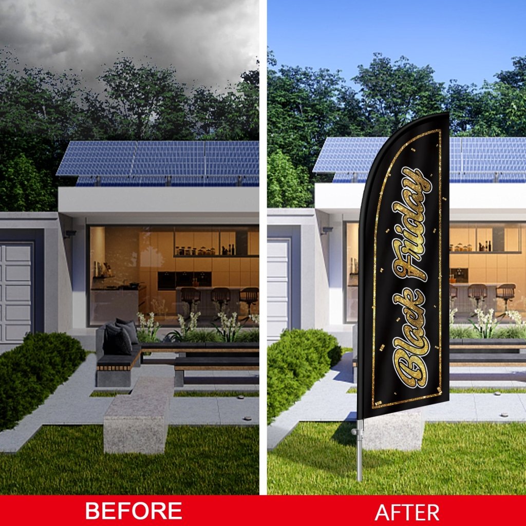 8ft Friday Feather Flag with Complete Pole Kit — Black & Gold