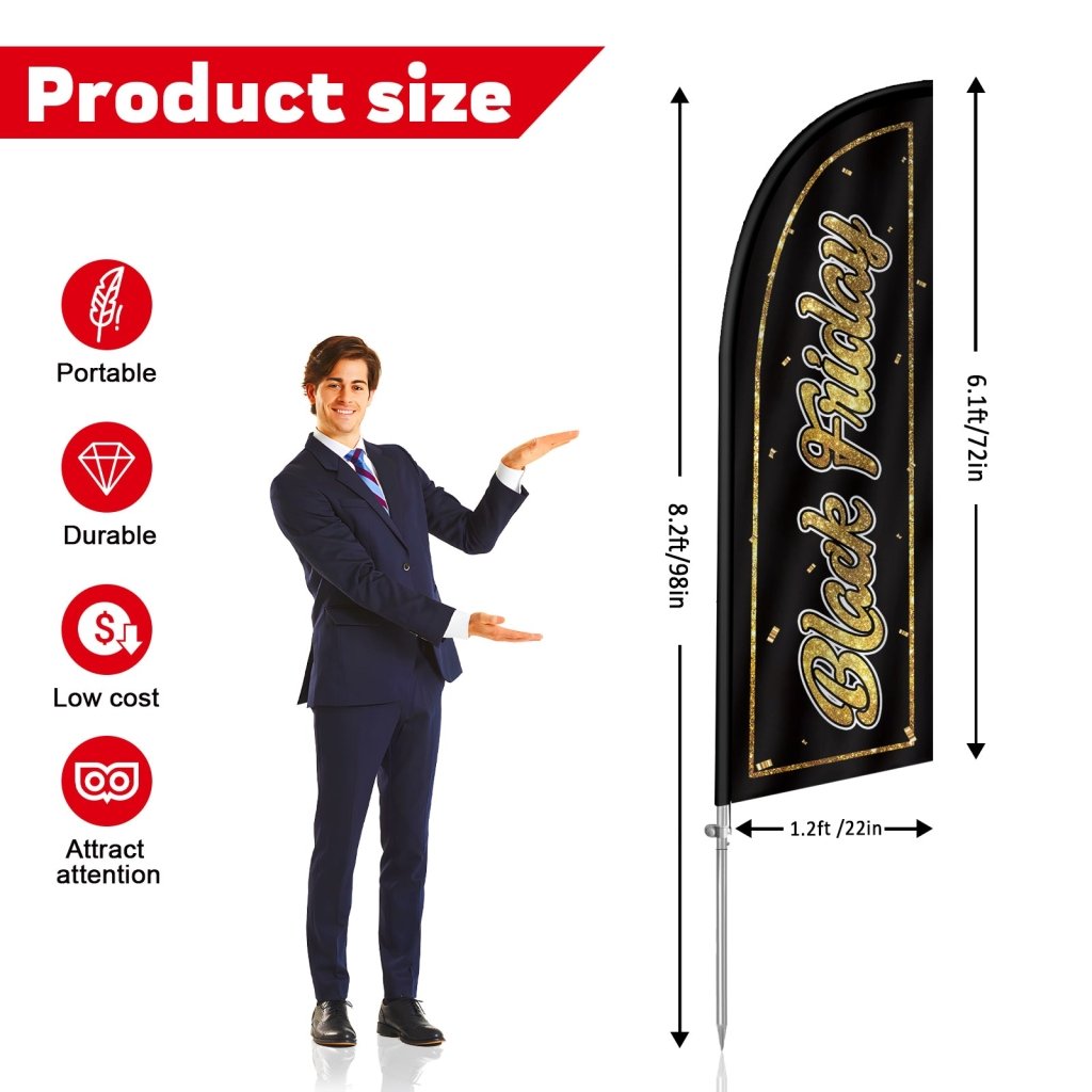 8ft Friday Feather Flag with Complete Pole Kit — Black & Gold