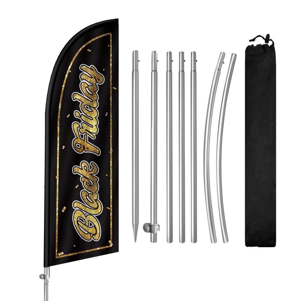 8ft Friday Feather Flag with Complete Pole Kit — Black & Gold