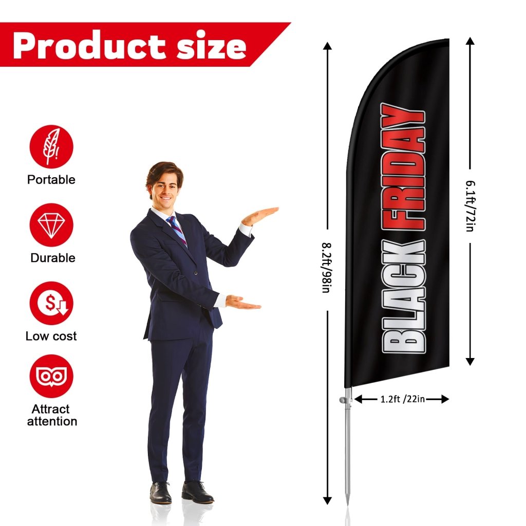8ft "Friday" Feather Flag with Complete Pole Kit – Black & Red