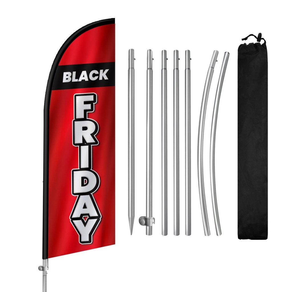 8Ft Friday Feather Flag with Complete Pole Kit, Red