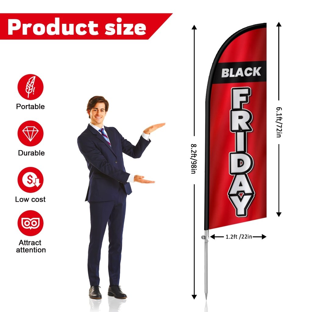 8Ft Friday Feather Flag with Complete Pole Kit, Red