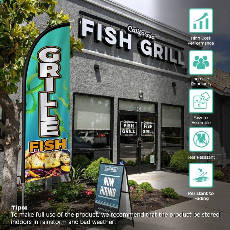 8FT Grille Fish Banner Feather Flag with Pole Kit/Ground Stake(2m flag set)