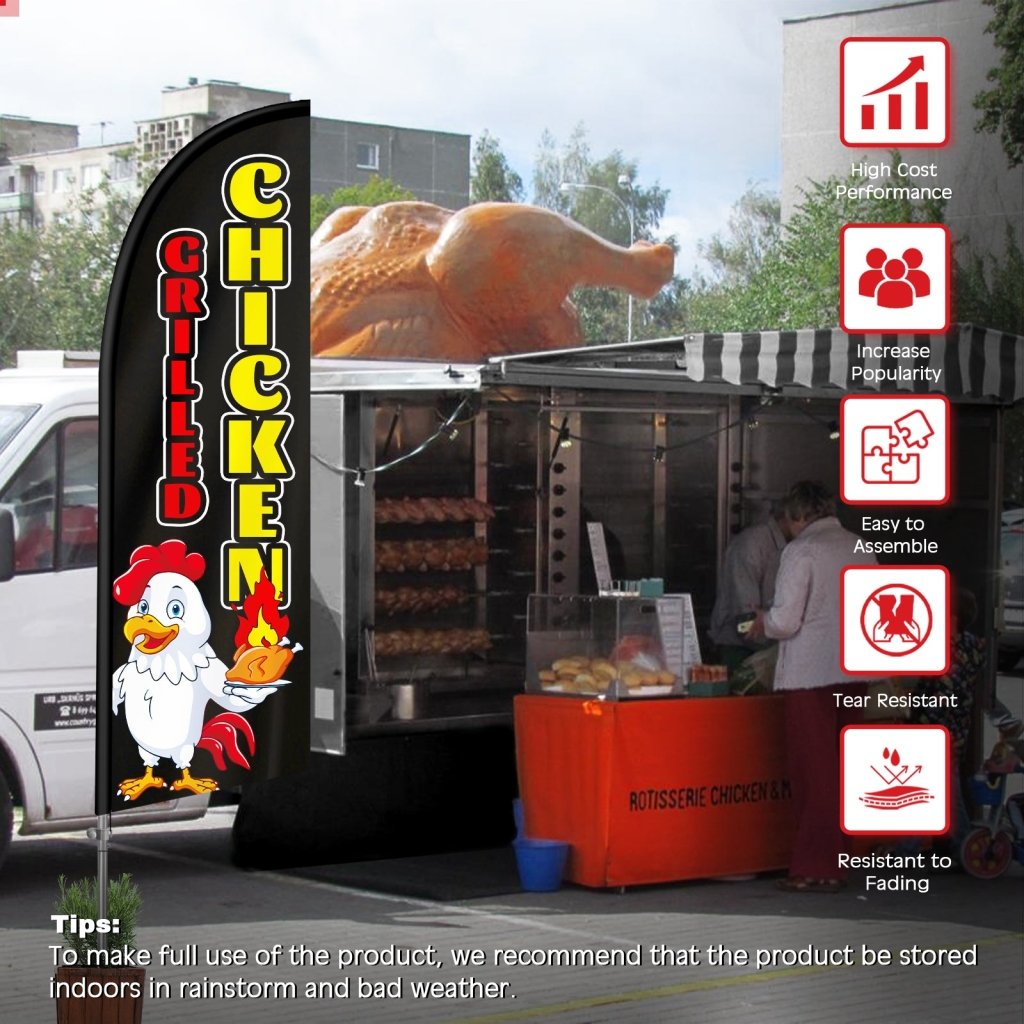 8FT Grilled Chicken Black Feather Flag with Stainless Steel Pole Kit(2m flag set)