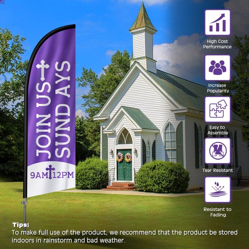 8FT Join Us&Sund Ays Banner Feather Flag with Stainless Steel Pole Kit(2m flag set)