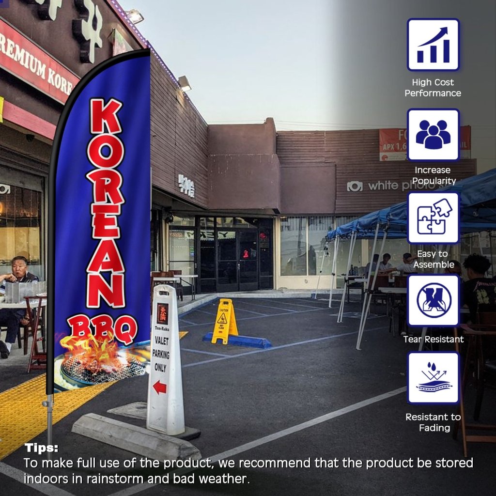 8FT Korean Bbq Sign Feather Flag with Stainless Steel Pole Kit(2m flag set)