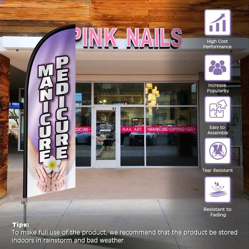 8FT Manicure Pedicure Banner Feather Flag with Stainless Steel Pole Kit(2m flag set)