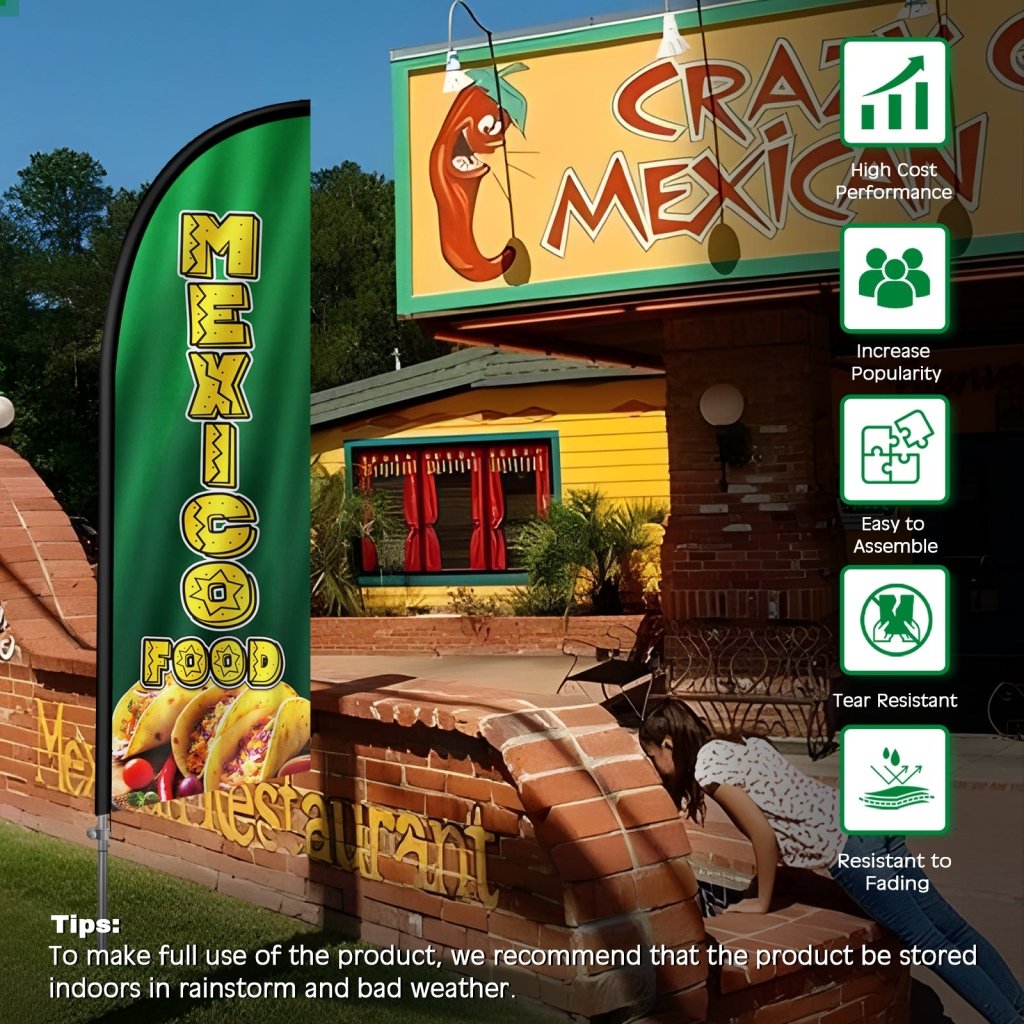 8FT Mexico Food Feather Flag with Stainless Steel Pole Kit(2m flag set)
