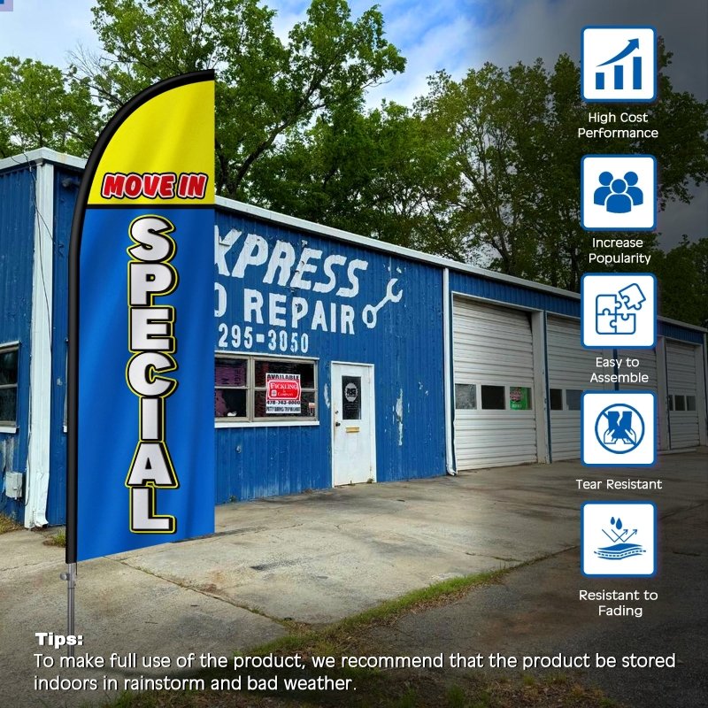 8FT Move In Special Banner Feather Flag with Stainless Steel Pole Kit(2m flag set)