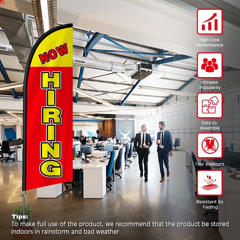 8FT Now Hiring Red Banner Feather Flag with Stainless Steel Pole Kit（2m flag set）