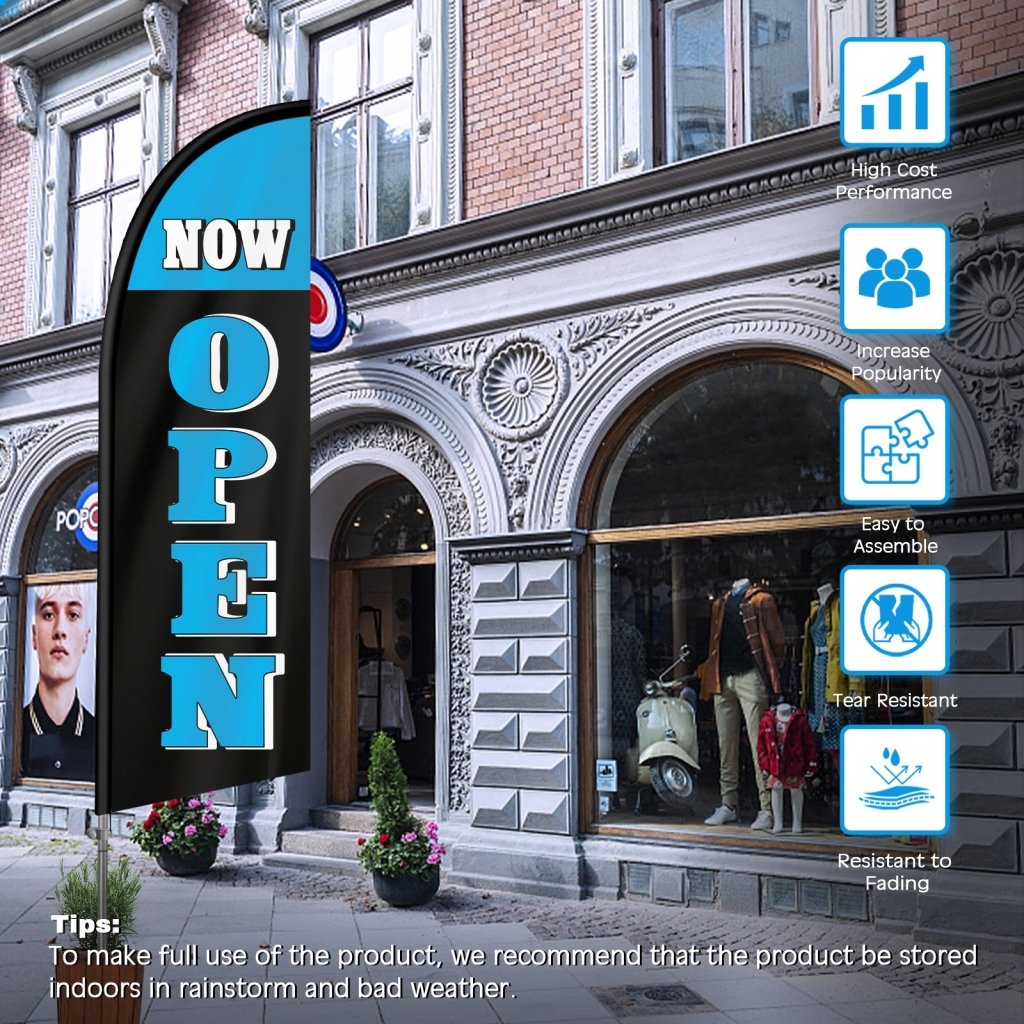 8FT Now Open Black Feather Flag with Stainless Steel Pole Kit(2m flag set)