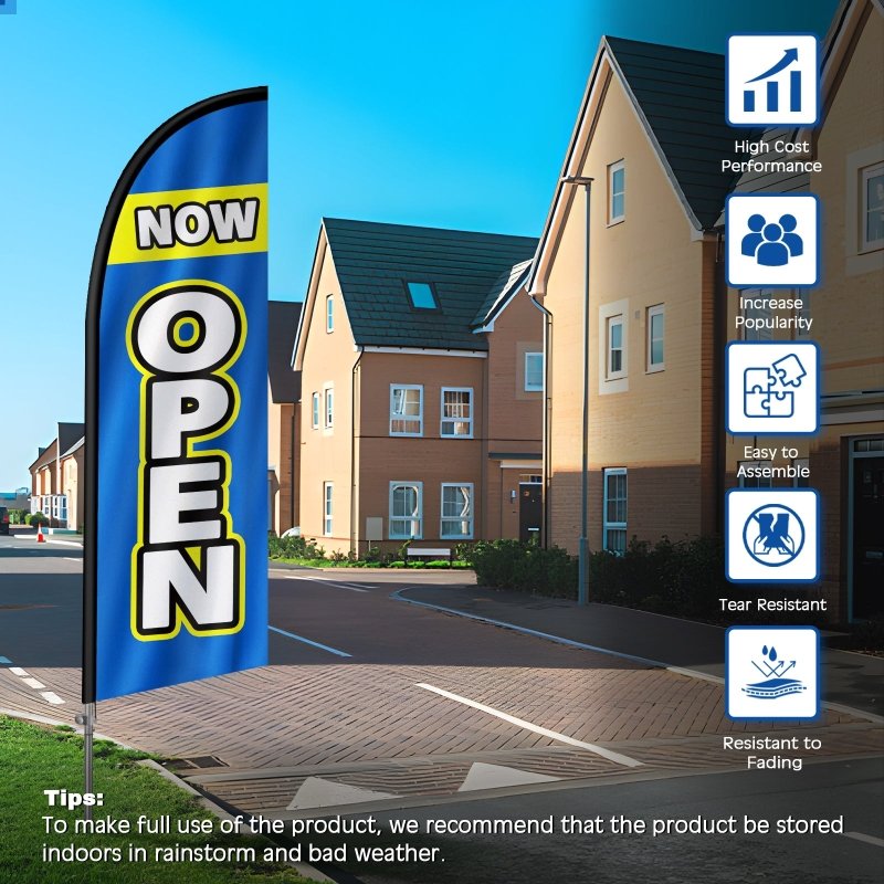 8FT Now Open Blue Feather Flag with Stainless Steel Pole Kit(2m flag set)