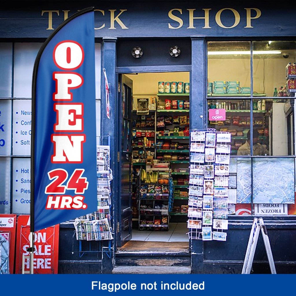 8FT Open 24 Hrs Blue Swooper Flag(Flagpole Not Included 3.4)