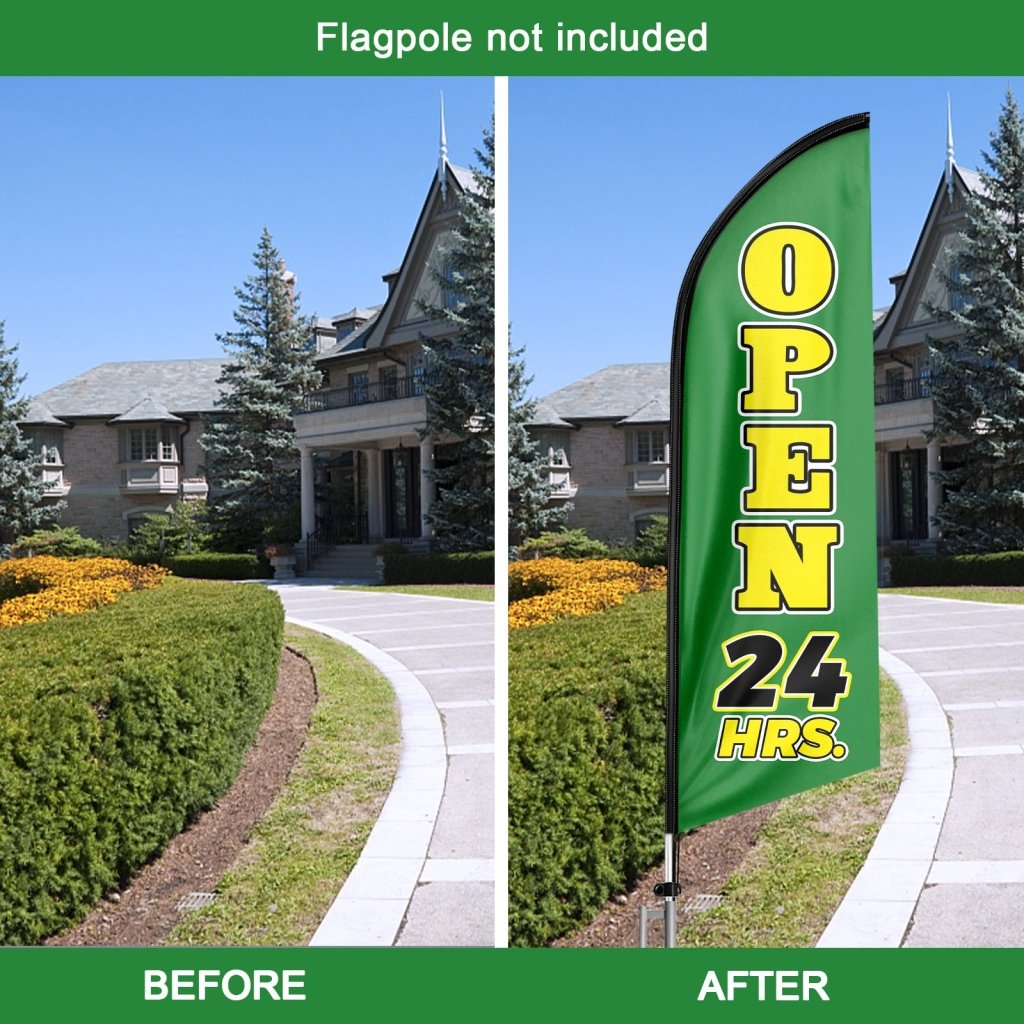 8FT Open 24 Hrs Green Swooper Flag(Flagpole Not Included 3.4)