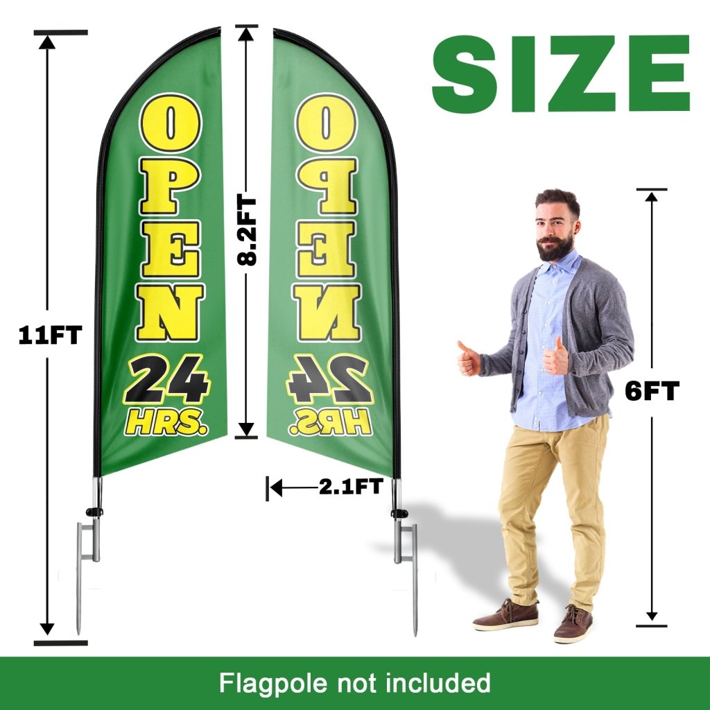 8FT Open 24 Hrs Green Swooper Flag(Flagpole Not Included 3.4)