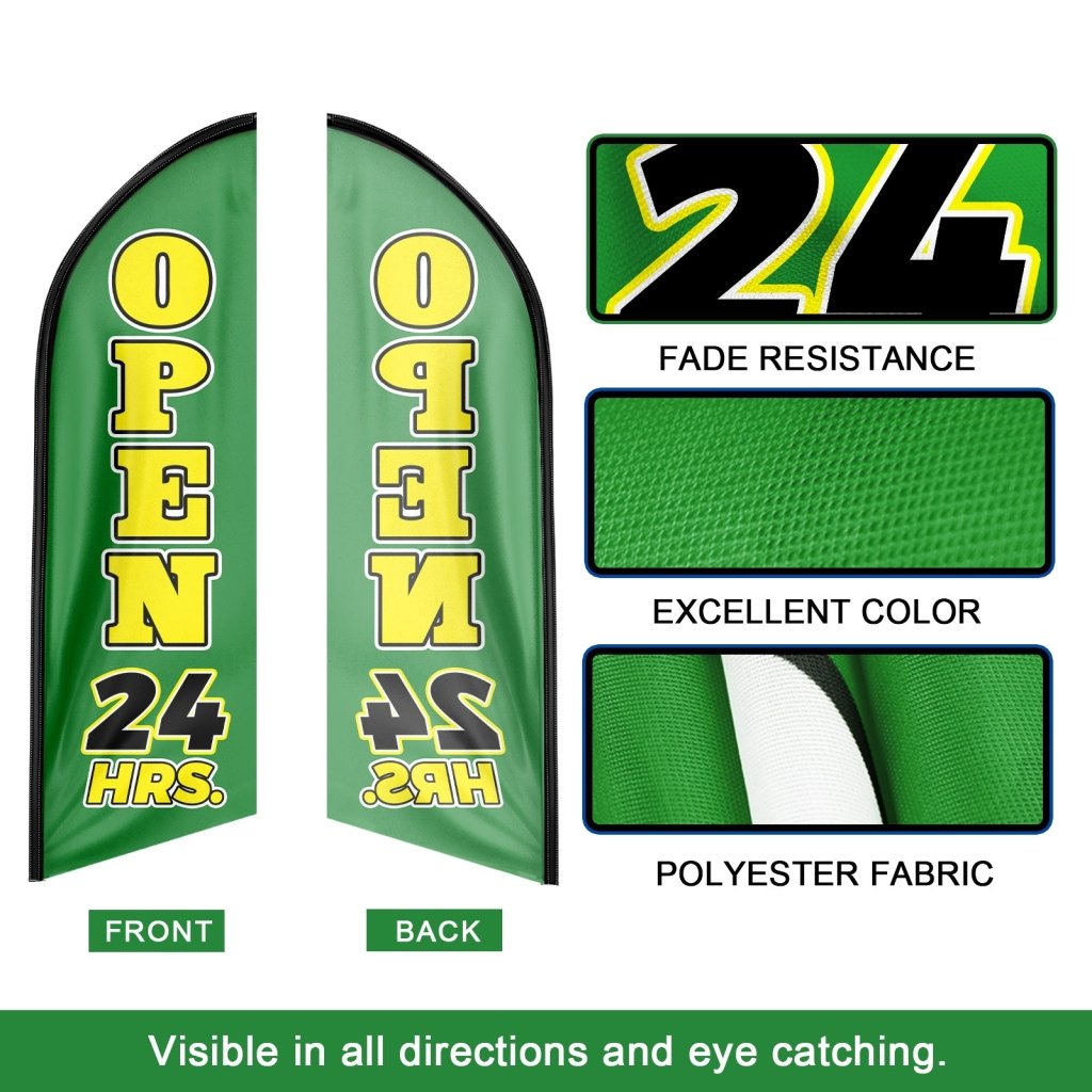 8FT Open 24 Hrs Green Swooper Flag(Flagpole Not Included 3.4)