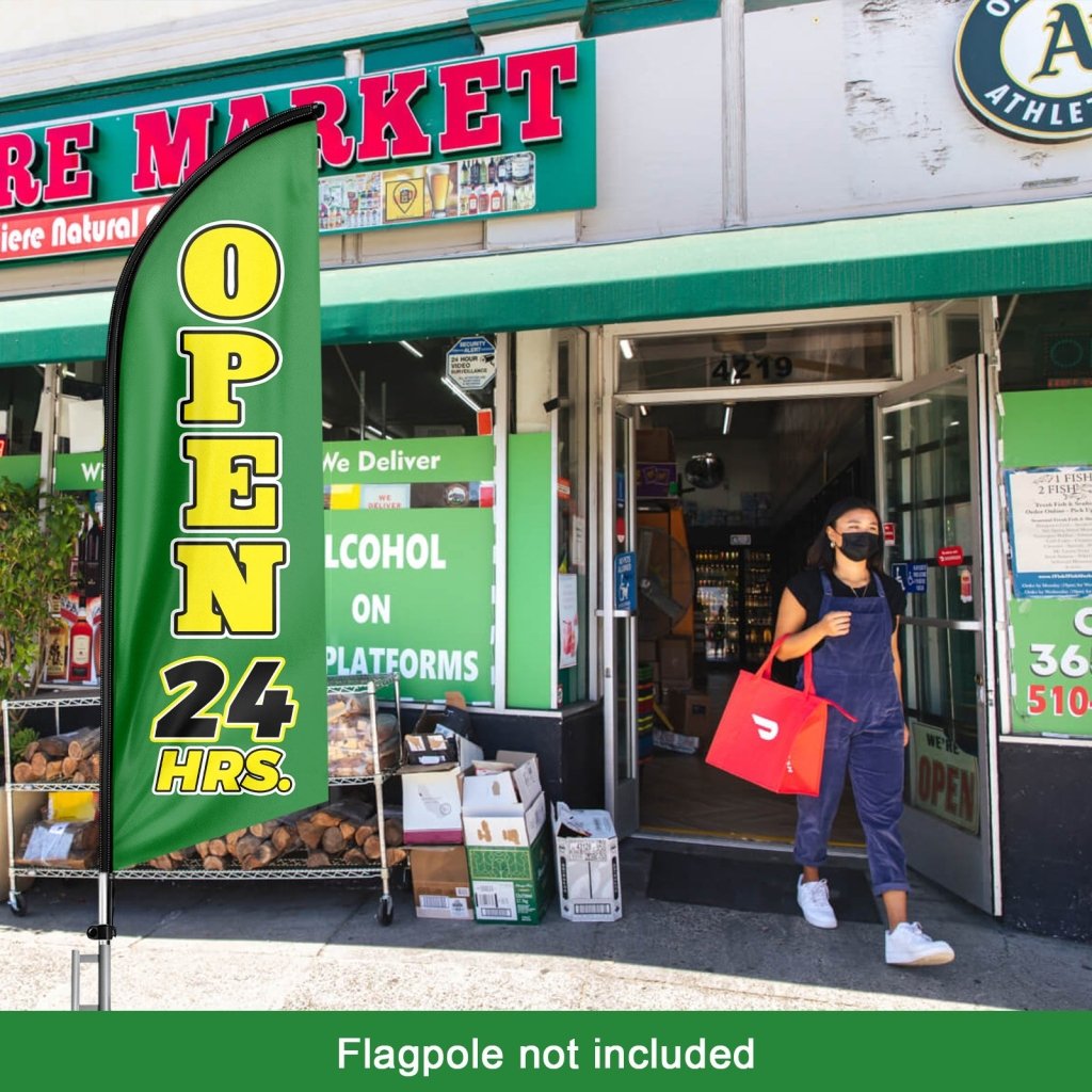 8FT Open 24 Hrs Green Swooper Flag(Flagpole Not Included 3.4)