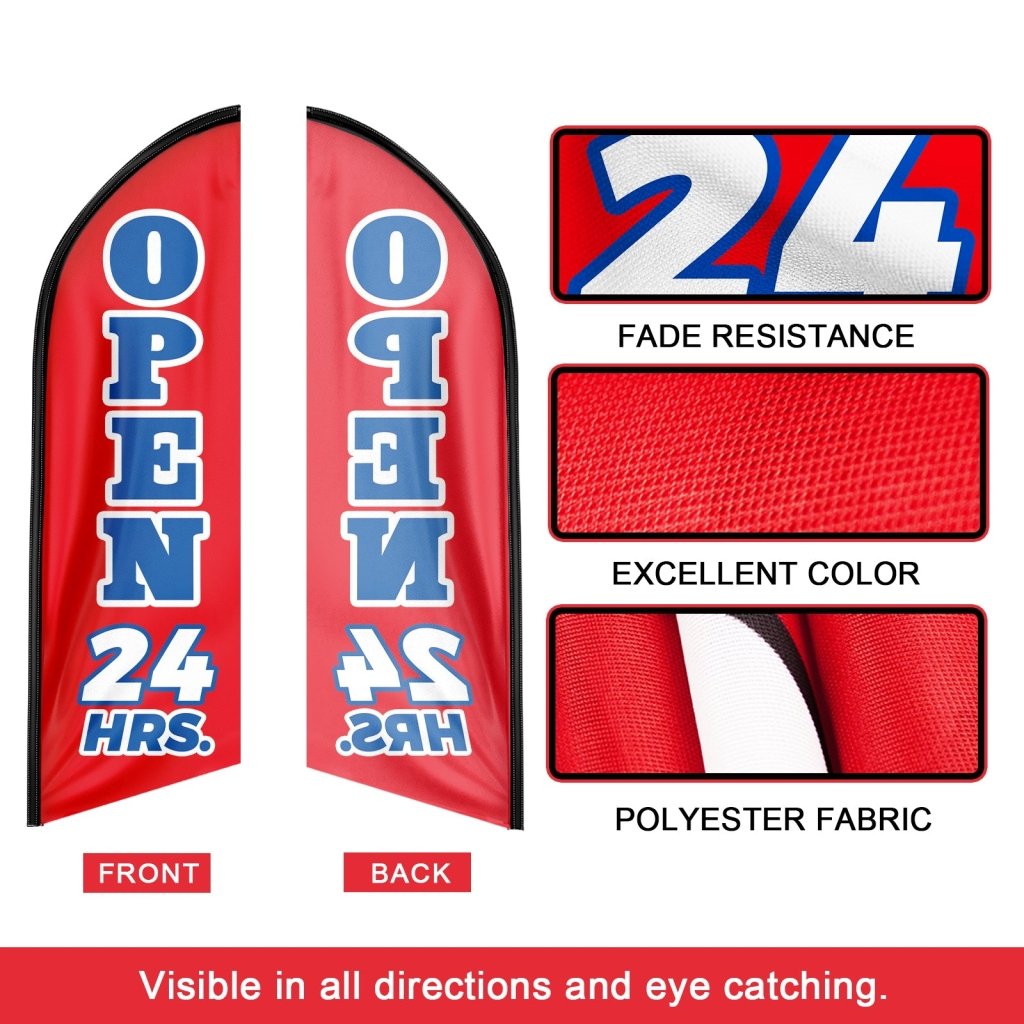 8FT Open 24 Hrs Red Swooper Flag(Flagpole Not Included 3.4)