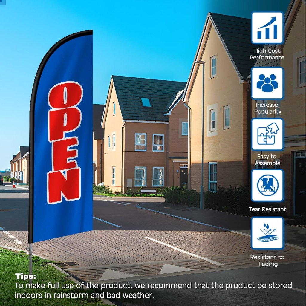 8FT Open Blue & Red Banner Feather Flag with Stainless Steel Pole Kit(2m flag set)