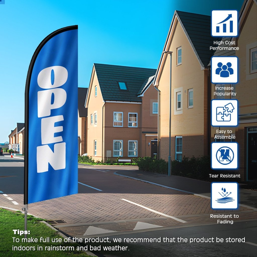 8FT Open blue&white Banner Feather Flag with Stainless Steel Pole Kit(2m flag set)