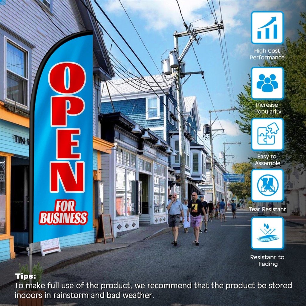 8FT Open For Business Blue&Red Feather Flag with Stainless Steel Pole Kit(2m flag set)