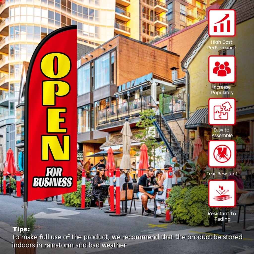 8FT Open For Business Rde&Yellow Feather Flag with Stainless Steel Pole Kit(2m flag set)