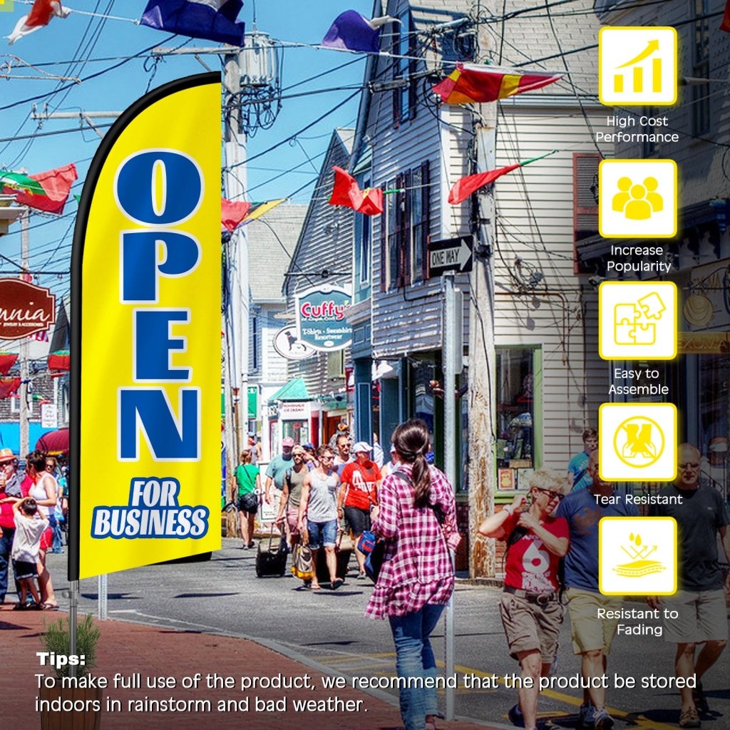 8FT Open For Business Yellow&Blue Feather Flag with Stainless Steel Pole Kit(2m flag set)