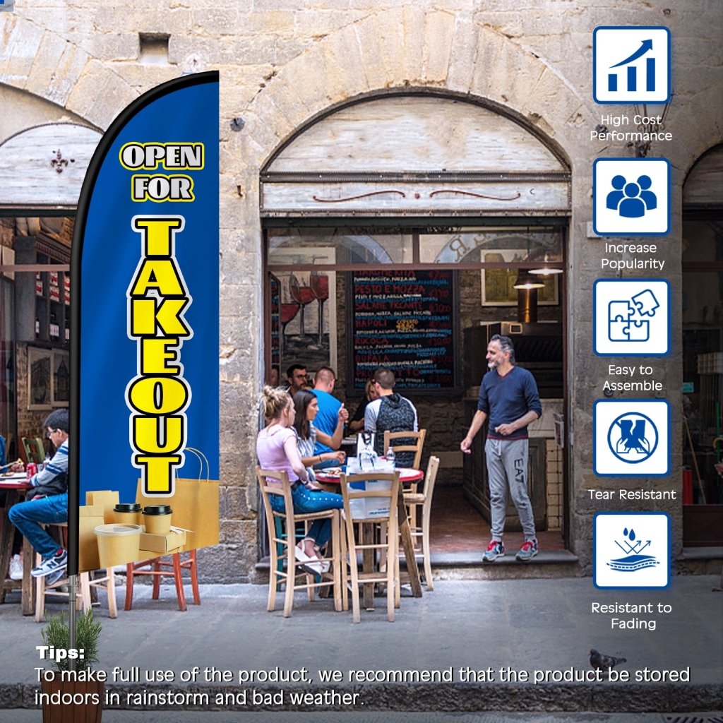 8FT Open For Takeout Blue Feather Flag with Stainless Steel Pole Kit(2m flag set)