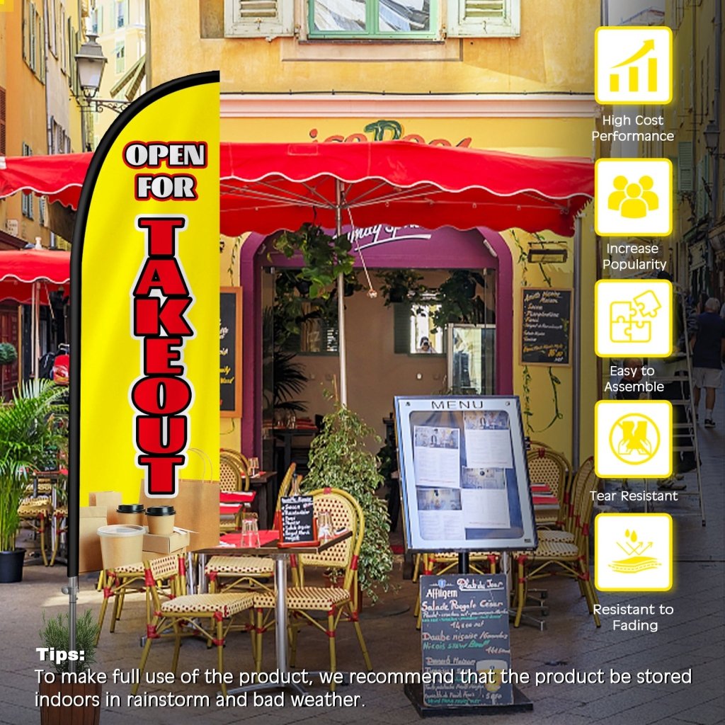 8FT Open For Takeout Yellow Feather Flag with Stainless Steel Pole Kit(2m flag set)