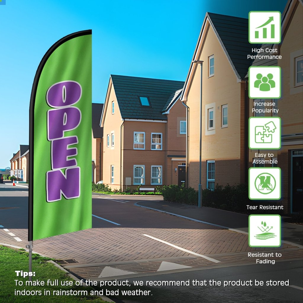 8FT Open green&purple Banner Feather Flag with Stainless Steel Pole Kit(2m flag set)