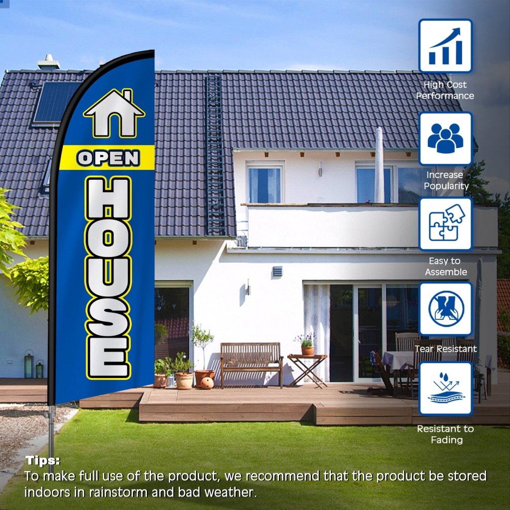 8FT Open House Blue&White Banner Feather Flag with Stainless Steel Pole Kit/Ground Stake(2m flag set)